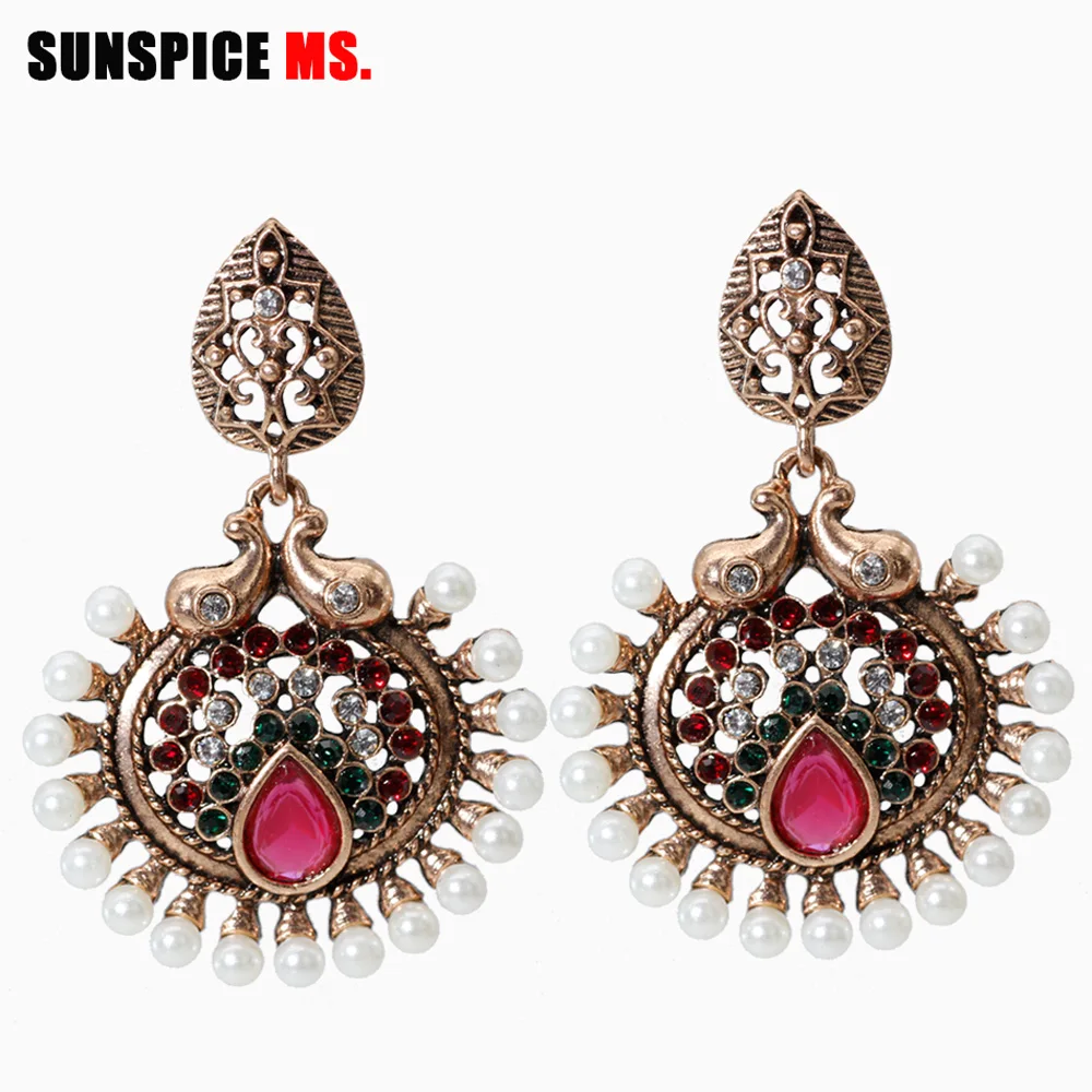 Sunspicems Retro Gold Color Indian Earring For Women Ethnic Bohemia Wedding Jewelry Traditional Egyptian Vintage Dangle Earrings