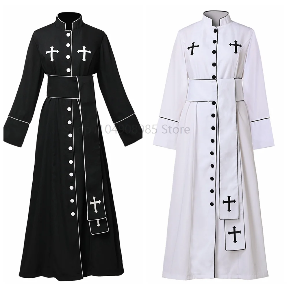 

Adult Black White Noble Priest Costume Women Religious Pastor Costumes Halloween Purim Party Mardi Gras Fancy Cosplay Dress