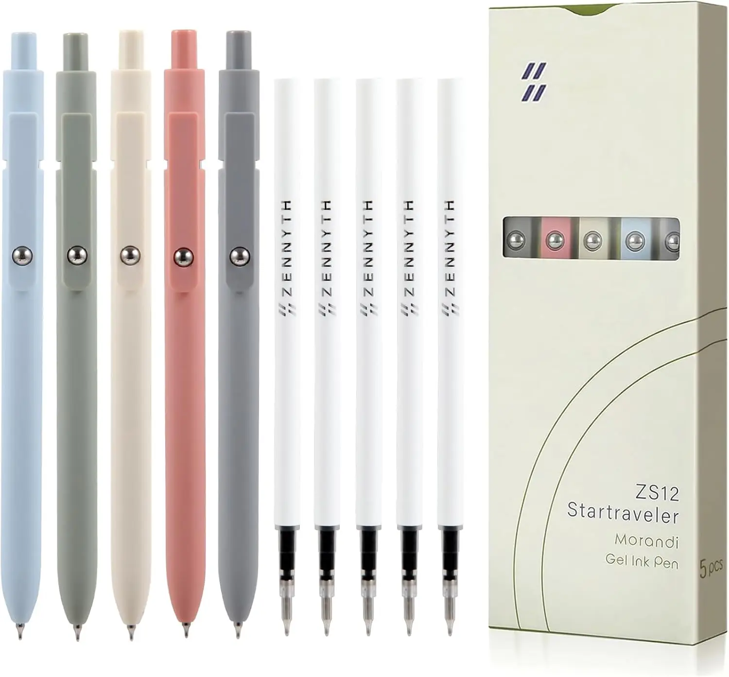 5 Gel Pens and Refills, 0.5 mm Fine Nib, Quick Drying Black Ink Smooth Writing Retractable Pen (5 Pieces Morandi + 5 Original Re