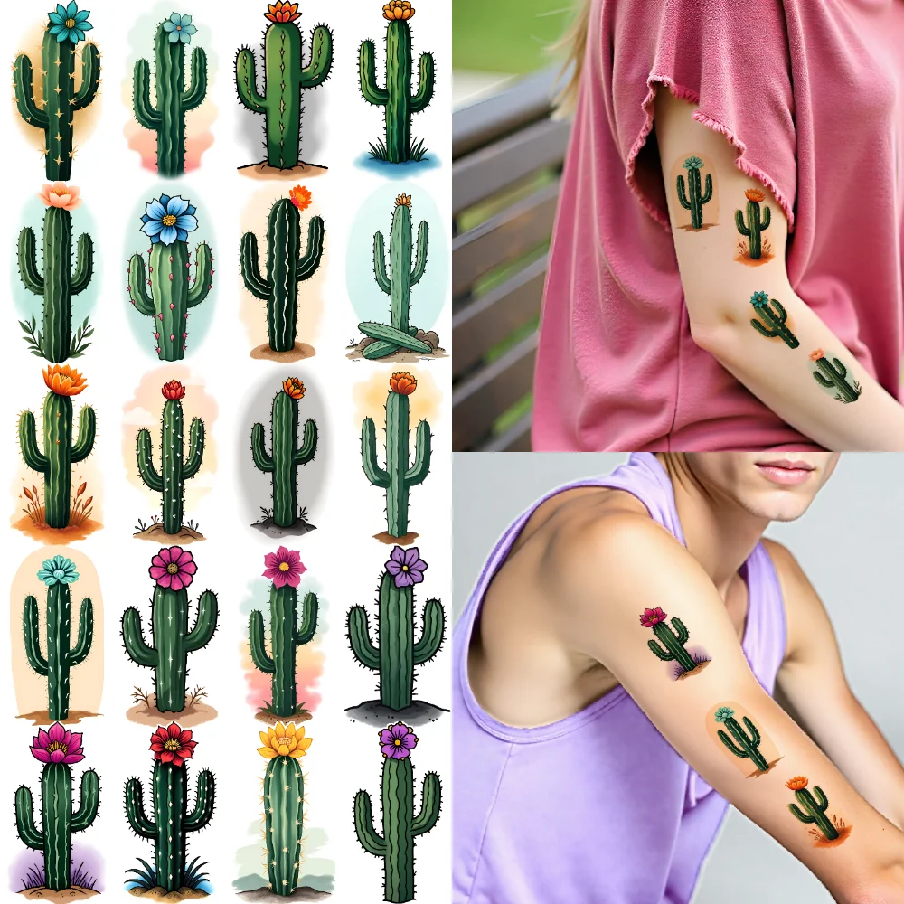 

28 шт., временные татуировки с рисунком кактуса, временные татуировки, наклейки, водонепроницаемые долговечные наклейки для тела для рук, груди