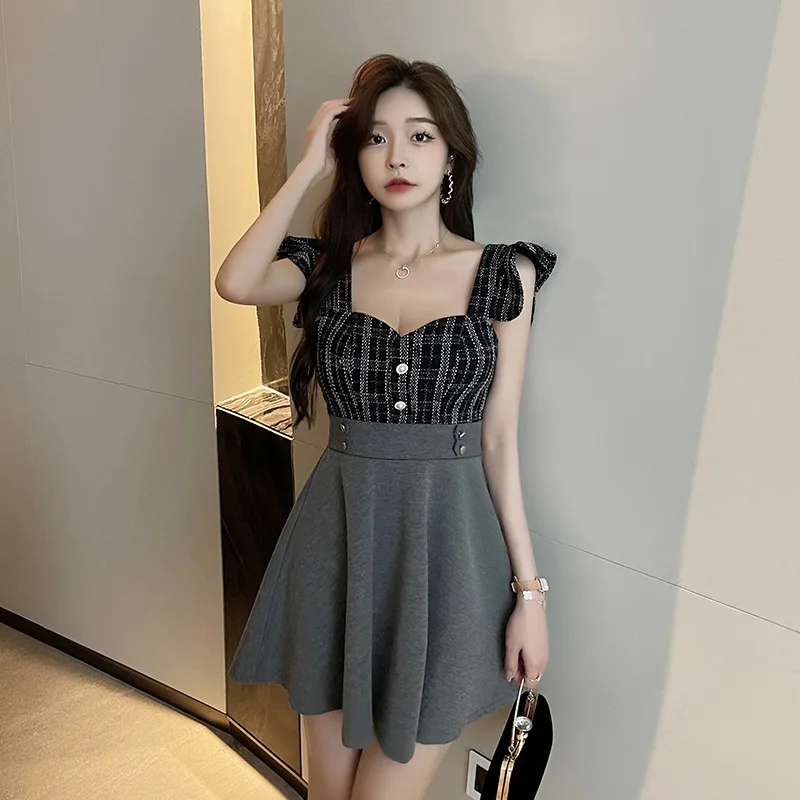 2022 Nightclub deep V low-cut sexy dress fashion matching color slim body cover belly A place technician