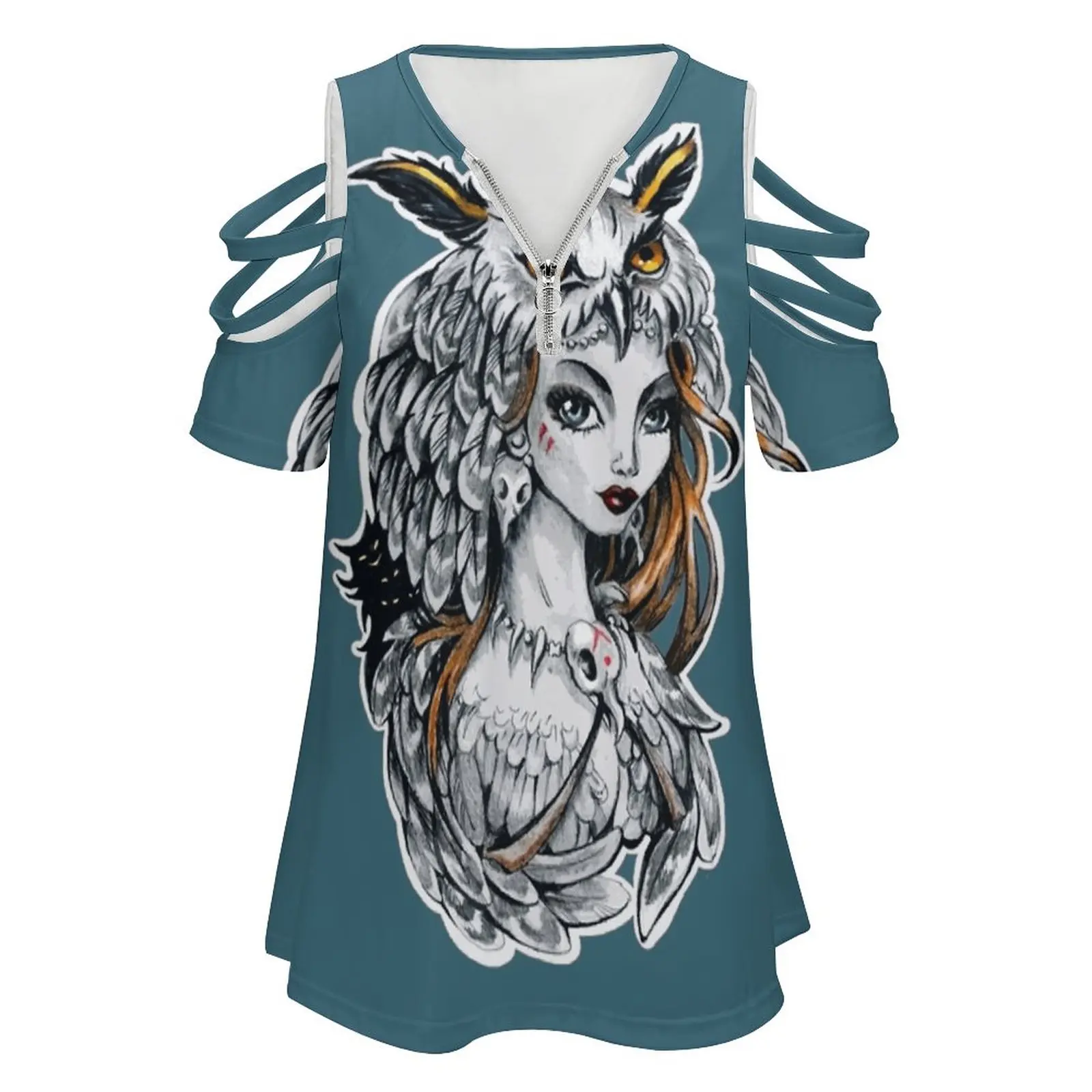 Forest Witch New Fashion Zip Off Shoulder Top Short-Sleeve Women Shirt Owl Eagle Witch Shaman Sorceress Lamia Randy Fury Magic