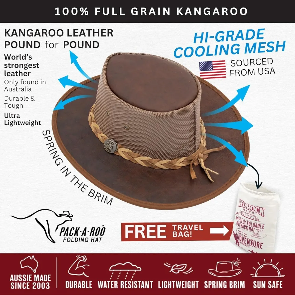 Australian Kangaroo Leather Outback Hat - Foldable, Travel Bag Included, Handcrafted in Australia