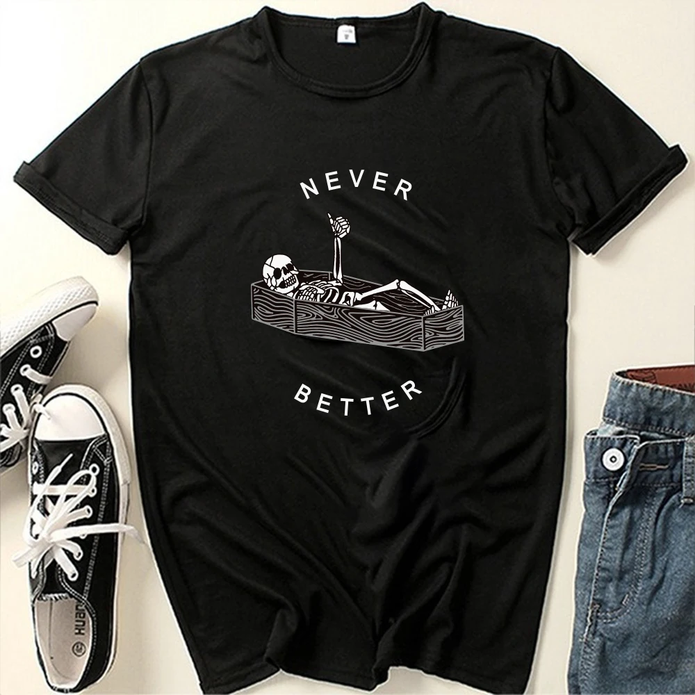 Seeyoushy NEVER BETTER Skull In A Coffin New Summer Fashion Women's T-shirt Y2K Trend Streetwear Camisetas De Mujer Verano 2023