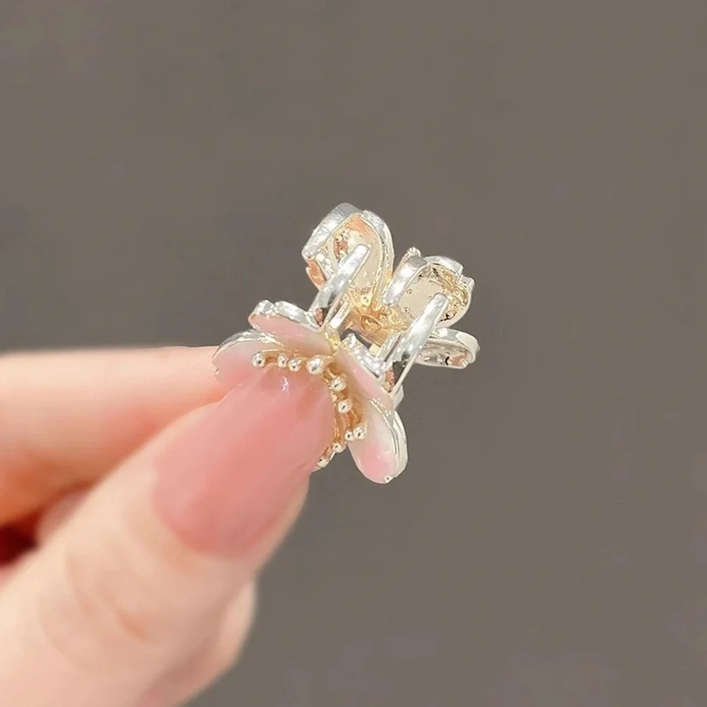 Gold Tone Alloy Floral Inspired Mini Claw Clip Enamel Pink Petals Rhinestone Accents Hair Accessory For Women Girls view 2
