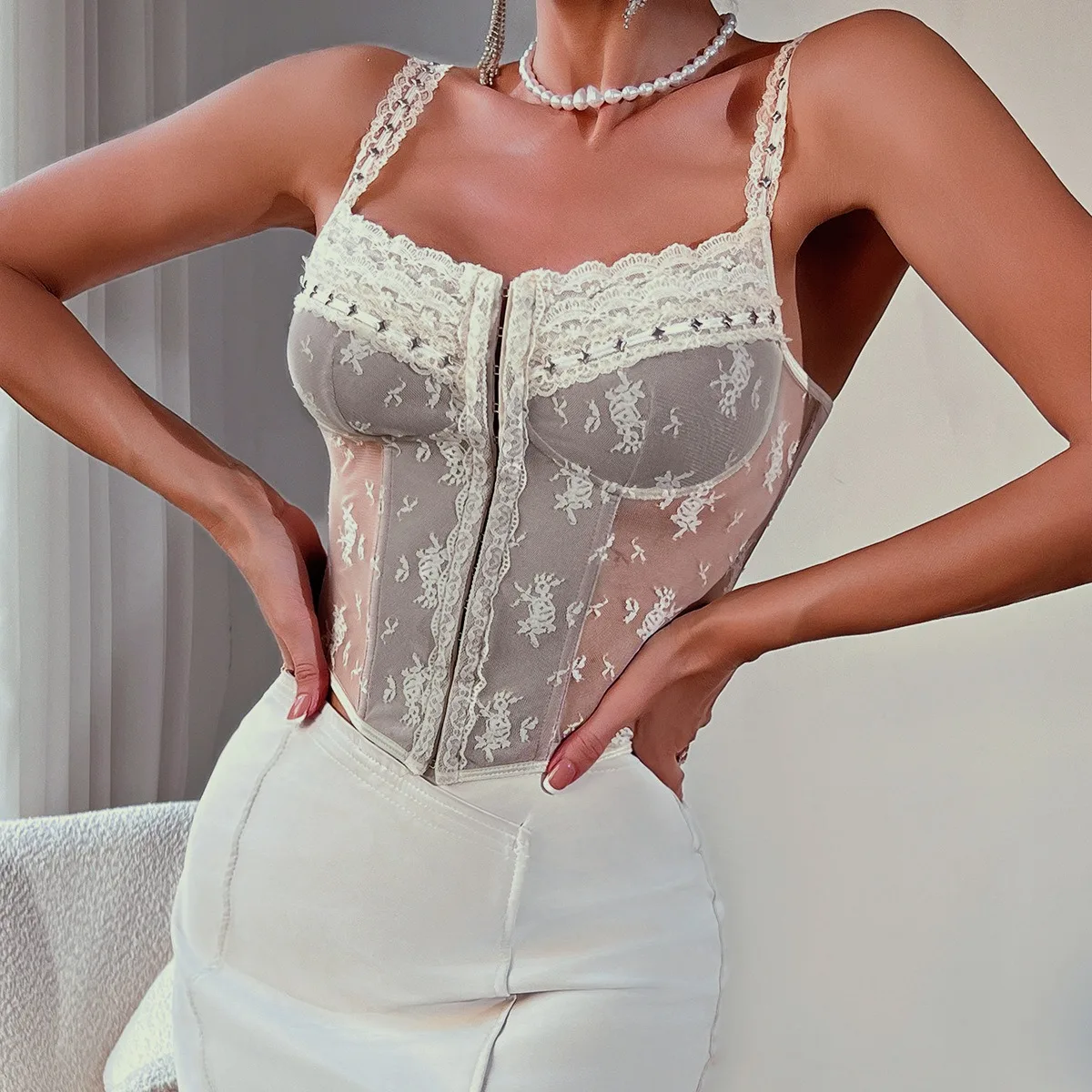 French Women's Chic Corset Tops Floral Mesh Sexy See-through Lace Sleeveless Spaghetti Strap Crop Cami Tops Tank Top y2k Blouse