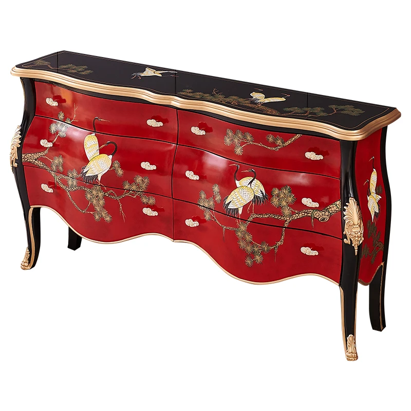 

New Chinese red hand-painted pine crane high-end entrance cabinet French solid wood bedside decorative cabinet
