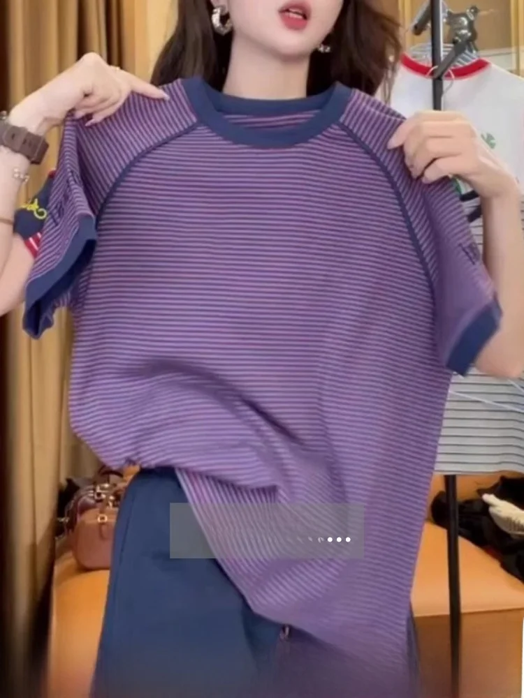 

Summer Casual Women's round Ne ort Sve T-irt Purple Stripes Svel Comfortable Breathable Loose Fit Commute Sle