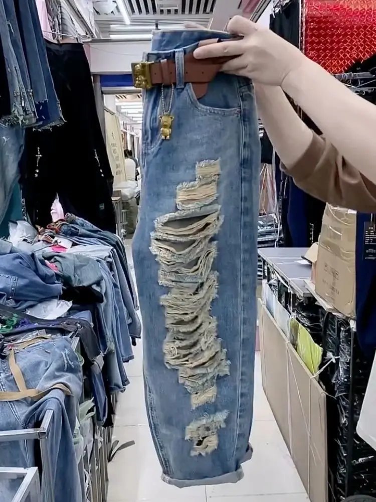 Summer Nine Cent Pants Trendy New Style Haren Pants Piercing Jeans Women's Straight Tube Versatile Show Thin Casual Pants M235