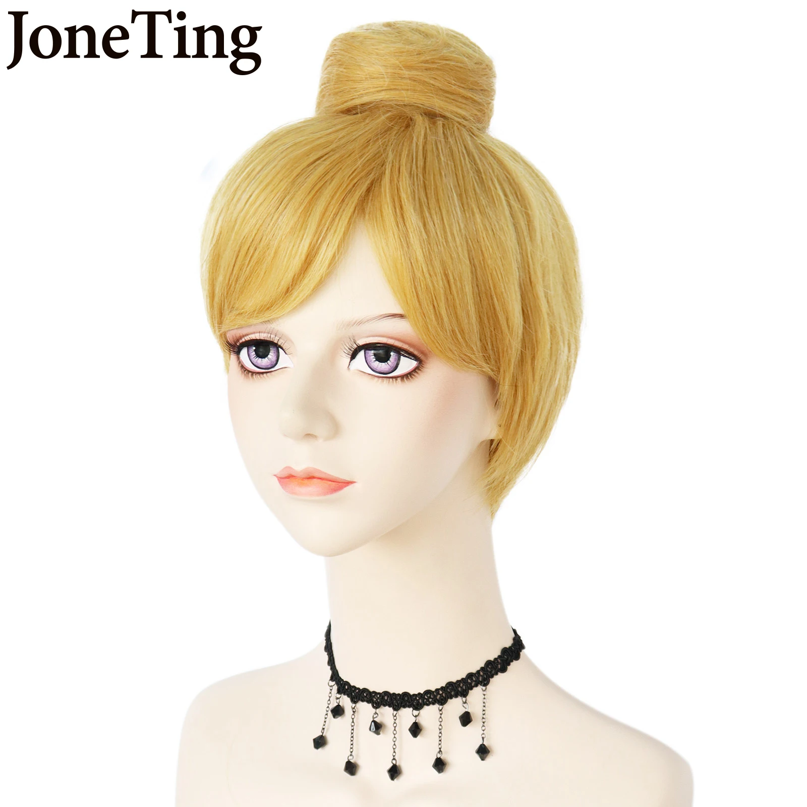 JT Synthetic Princess Tinker Bell Tinkerbell Cosplay Wigs Short Blonde Hair With Bun Heat Resistant Fiber Hair Wig Halloween