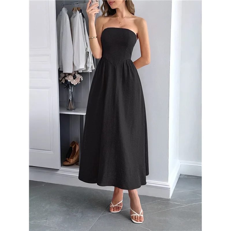 ABRT - Damska Sukienka Maxi Bez Ramiączek typu Tube, Luźna, Długa Sukienka Letnia Bez Rękawów w Stylu Boho na Plażę z Kieszeniami