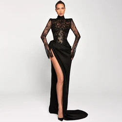 Trendy Black Lace Evening Dresses 2025 New Side Slit High Neck Celebrity Gown Long Sleeves Pleated Satin Prom Party Dress Custom
