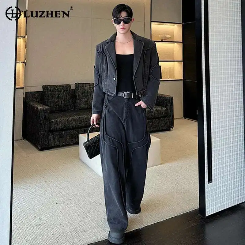 

LUZHEN Trendy Denim Short Jackets Set Men's Personalized Niche Design Casual Splicing Wide Leg Jeans Spring Male 2025 LZ9173