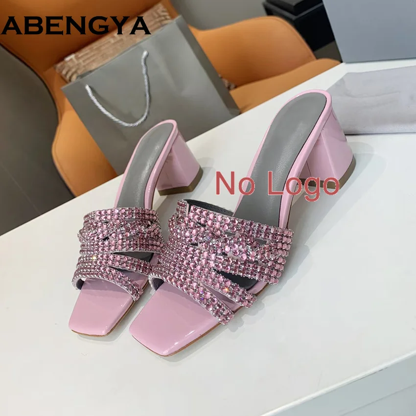 الصيف حذاء بكعب سميك المرأة النعال لامعة حجر الراين الشرائح ساحة تو السيدات عطلة أحذية الشاطئ المرأة Sandalias Mujer #6