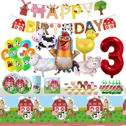 Decoraciones de fiesta de cumpleaños con temática de animales de La granja de zenon, suministros para eventos, vajilla desechable de vaca y pollo, globo de papel de aluminio de látex