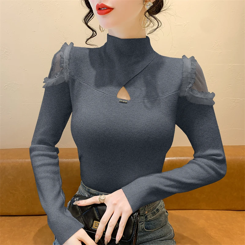 

2025, новинка, европейский, одежда, осень, зима, вязаный, свитер, женский, шикарный, сексуальный, макет шеи, лоскутное шитье, сетка, длинный рукав, эластичный, топы, 51034