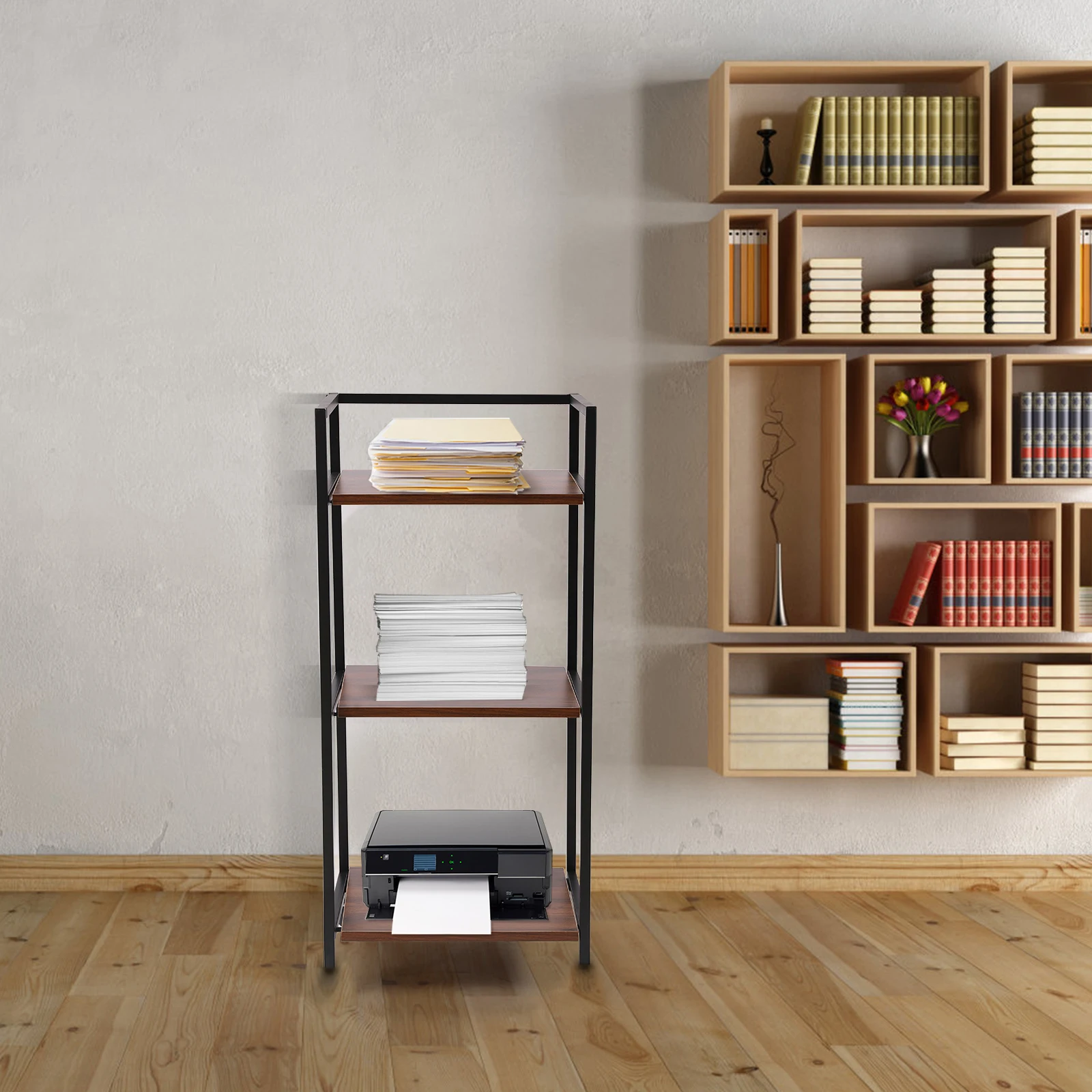 Rak Penyimpanan Printer 3 Tingkat Hitam untuk Kantor, Rak Buku Berdiri dengan Roda
