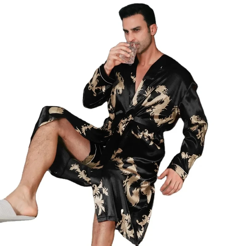 Pajama men\'s spring and autumn silk thin style oversized pajamas long sleeved bathrobes ice silk bathrobes home clothing summer