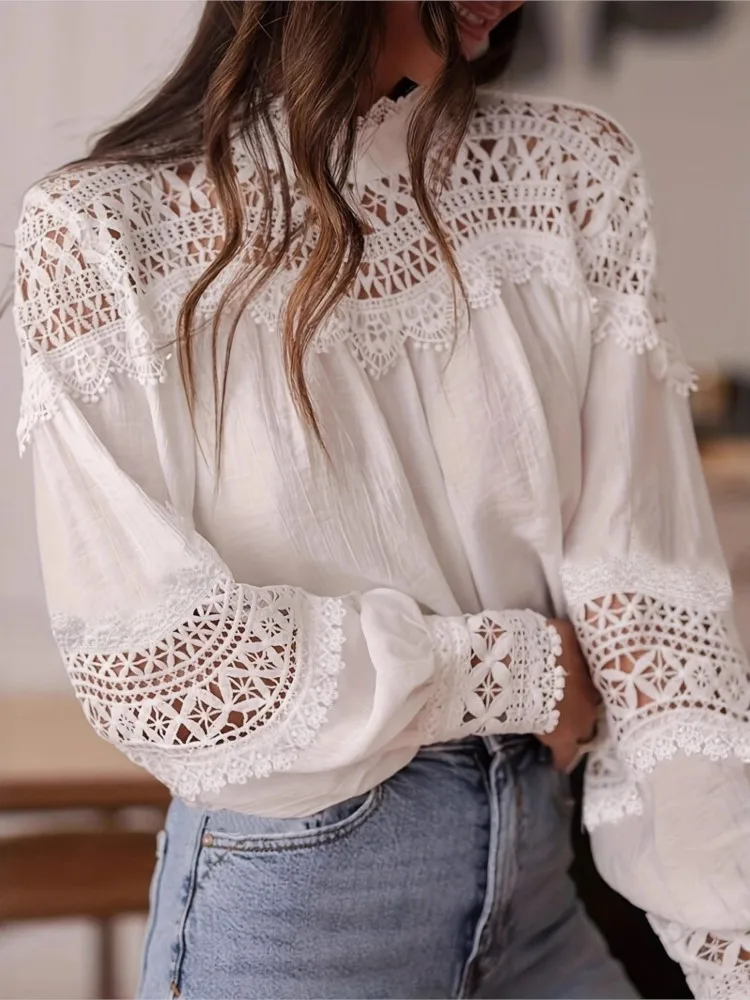 

Women's New Comfortable Loose Casual Top Spring Sexy Hollow Personality Simple Solid Color Flared Long-sleeved Lace Shirt