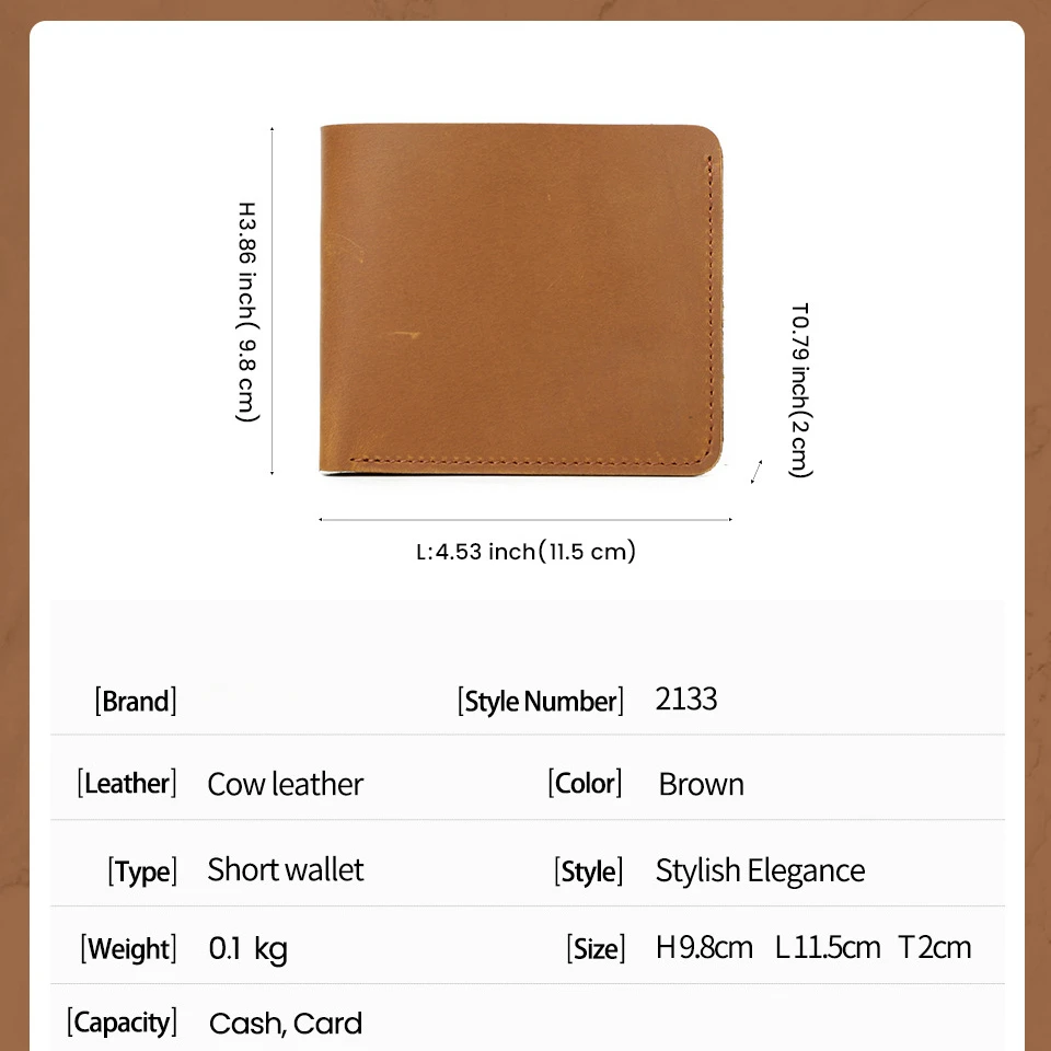 Genuine Leather Men's Wallet Vintage Fashionable Credit Card Holder Small Slim Cash Purse Brown