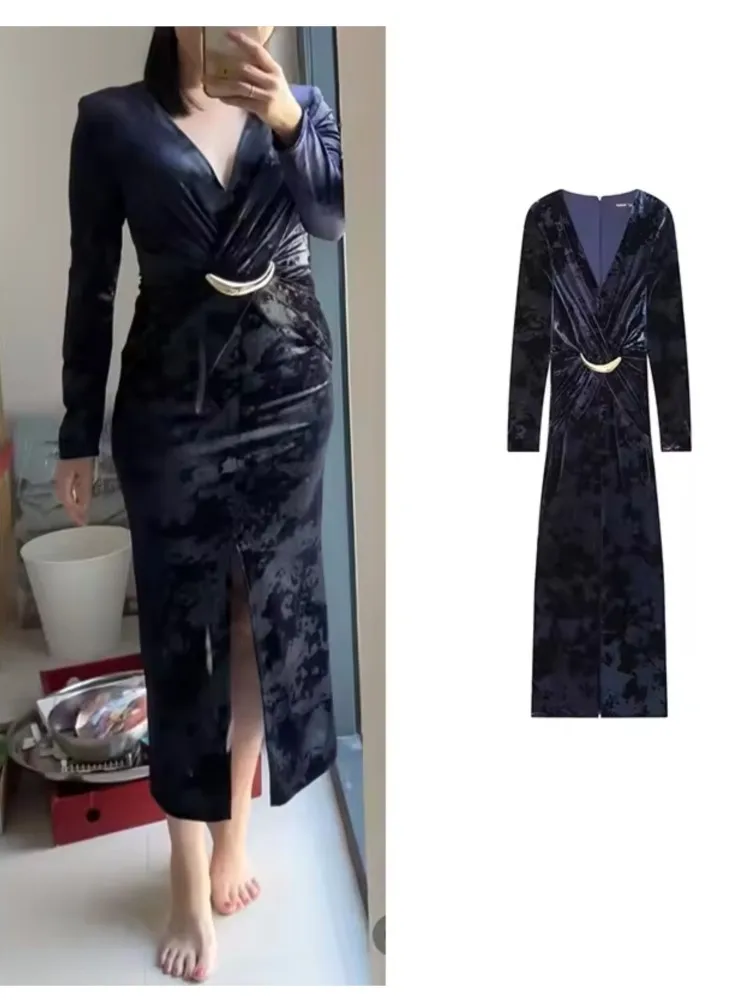 Frühling Herbst Frauen Samt Midi Kleid mit Metall Schnalle Lässig Elegante Dünne Drapierte frauen Lange Kleid Mode Weibliche Party Kleid