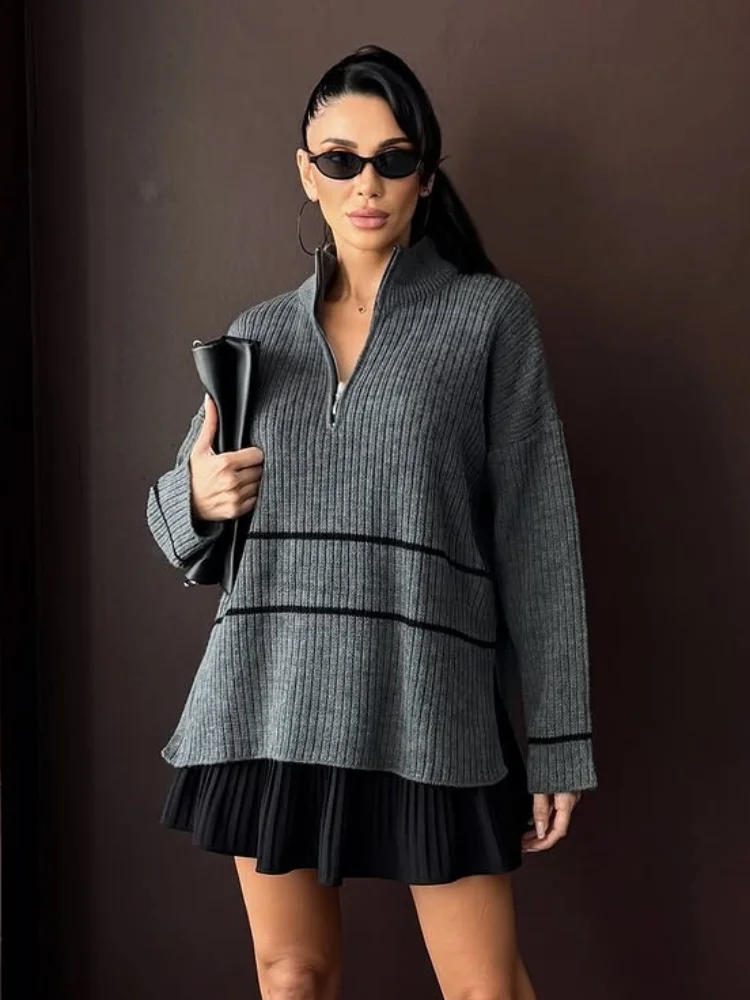 

Модный полосатый пуловер на молнии, женский повседневный свободный теплый короткий свитер с высоким воротником и длинными рукавами, женский повседневный уличный трикотаж для поездок на работу