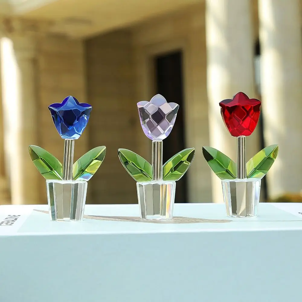 Elegant Carving Crystal Tulip Ornaments Unique Cute Crystal Sunflower Statues Eye-Catching Tulip Bouquet Statue Holiday Gifts