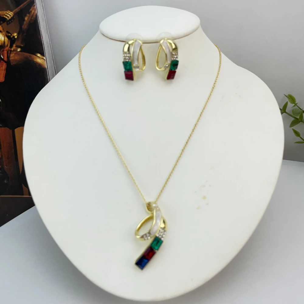 أحدث الذهبي الملونة حجر قلادة الأقراط دبي الفاخرة العصرية مجموعة مجوهرات للسيدات والنساء طقم من الحلقان KY25194 #2