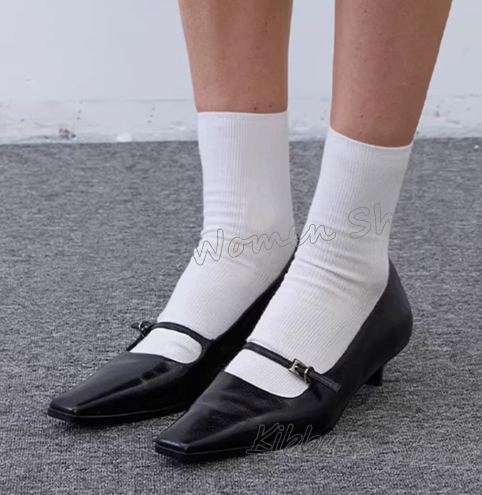 Mary Jane Pumps Belt Buckle Leather Square Toe Kitten Heels Solid Color Women Shoes Fashion Comfortable Sexy Elegant Novelty New view 5