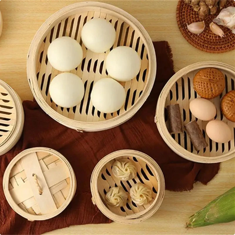 10/13/15cm  Chinese Dumplings Bamboo Steamer Cooker with Lid Dimsum Steamer Fish Rice Vegetable Basket Kitchen Cooking Tools