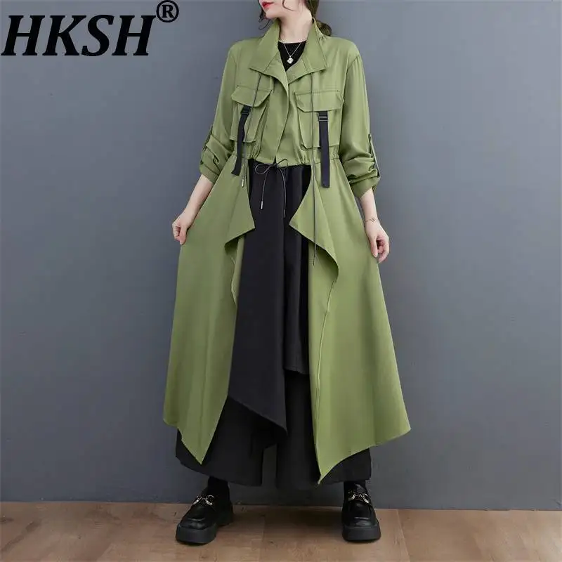

HKSH весенне-осенний новый женский длинный плащ с отложным воротником и карманами на талии, универсальная трендовая куртка большого размера HK16500