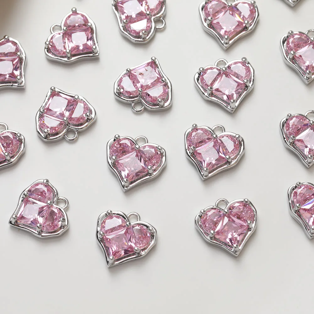 2PCS Sweet Pink Zircon Love Heart Pendant 14K Gold Plated Jewelry Making Supplies For Necklace Accessories
