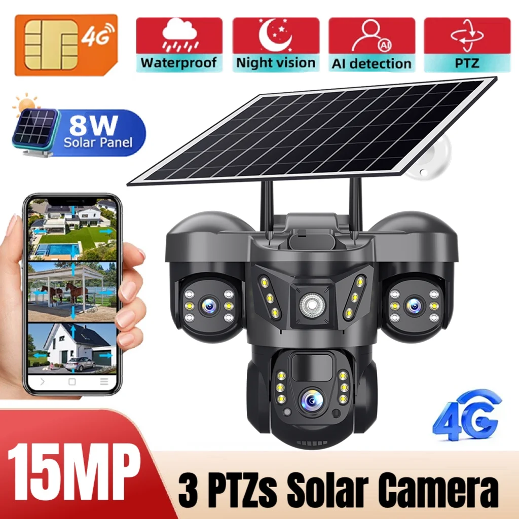 

V380 Pro 4G Solar Camera Triple Lens 15MP Security Solar Powered 10X Zoom Auto Tracking Outdoor Two way Audio Waterproof Cam