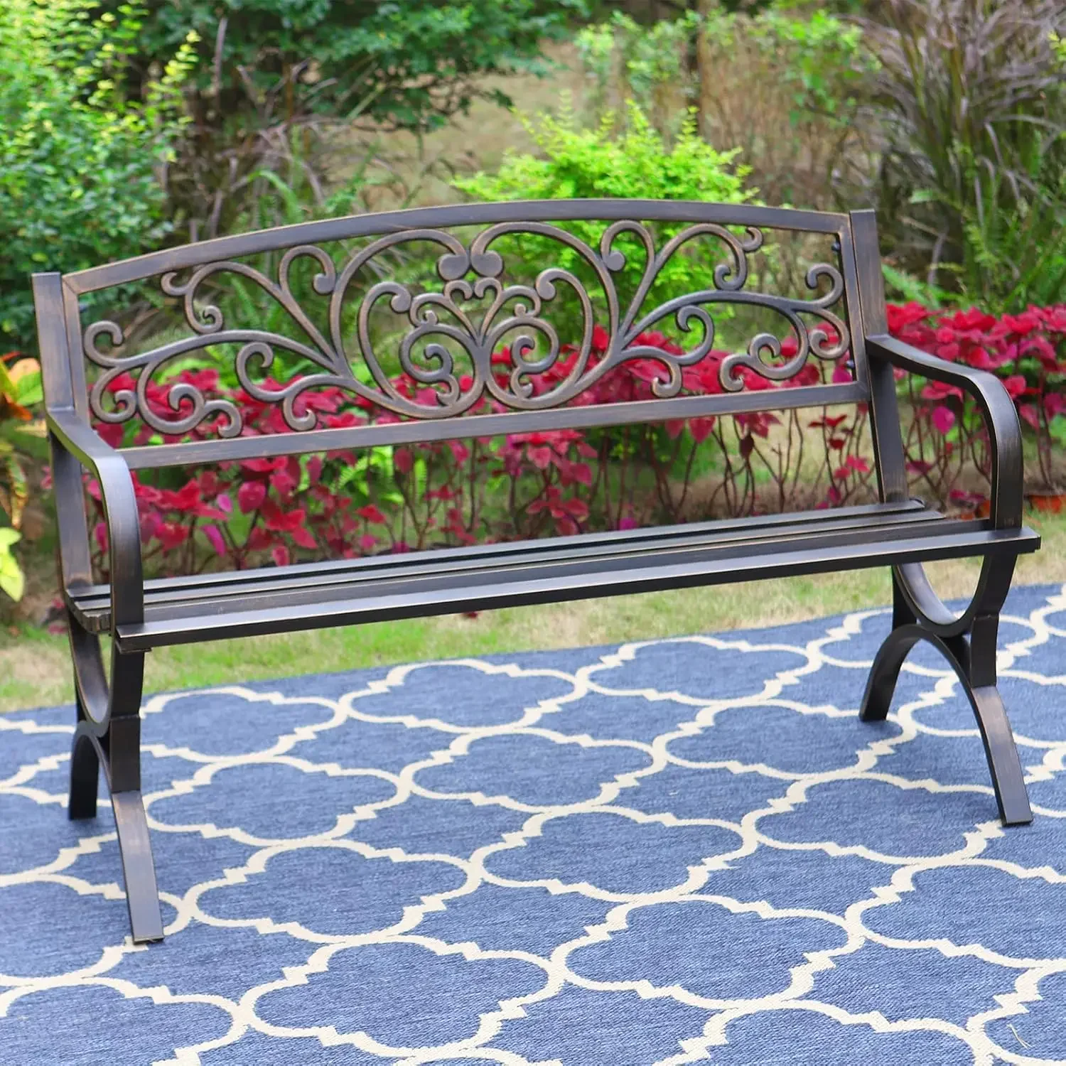 50 Inches Outdoor Garden Bench, Cast Iron Metal Frame Patio Park Bench with Floral Pattern Backrest, Arch Legs for