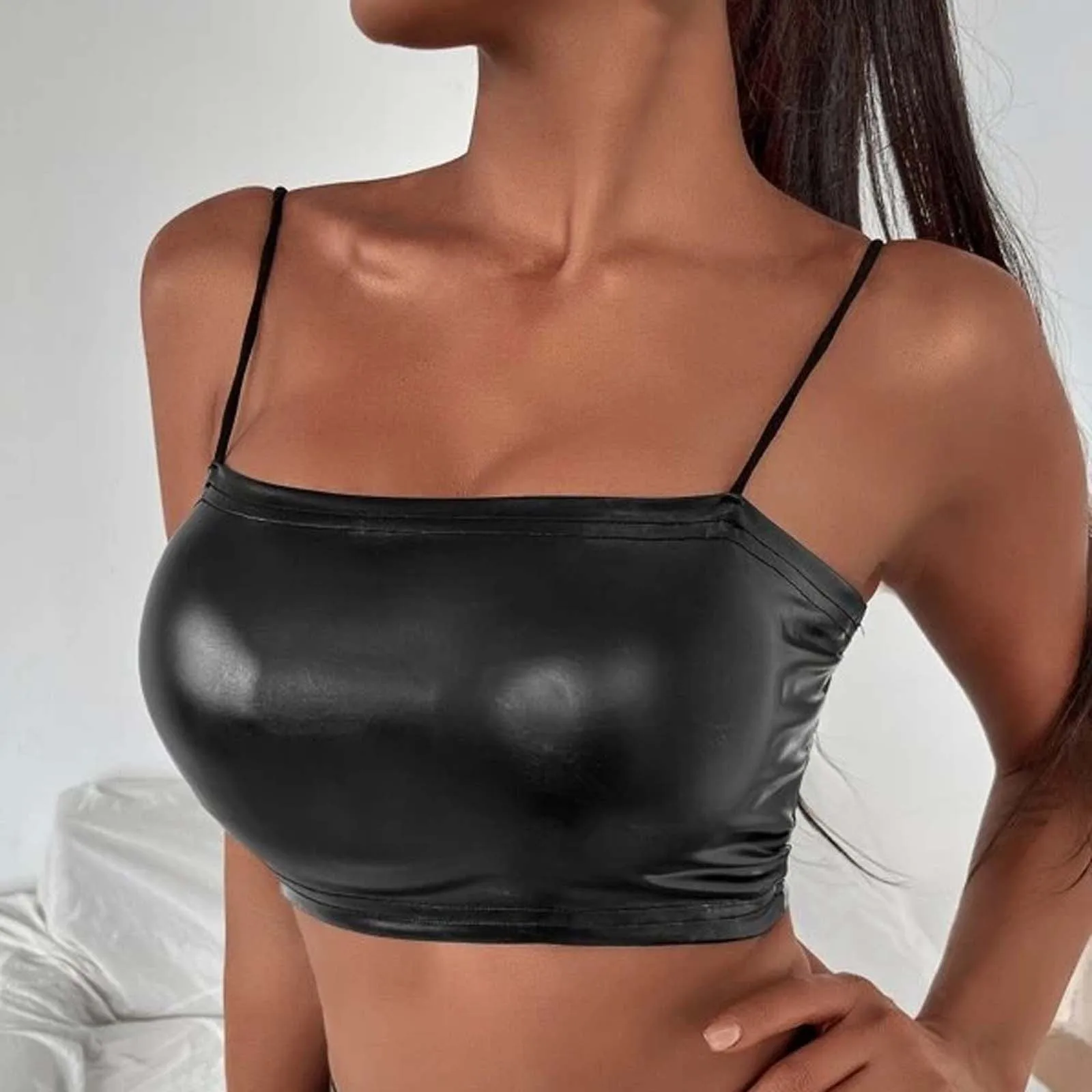 

Women Pu Leather Sexy Crop Tops Fashion Strappy Ladies Sexy Tube Tank Tops Fashion Club Wear Padded Faux Leather Vests For Women