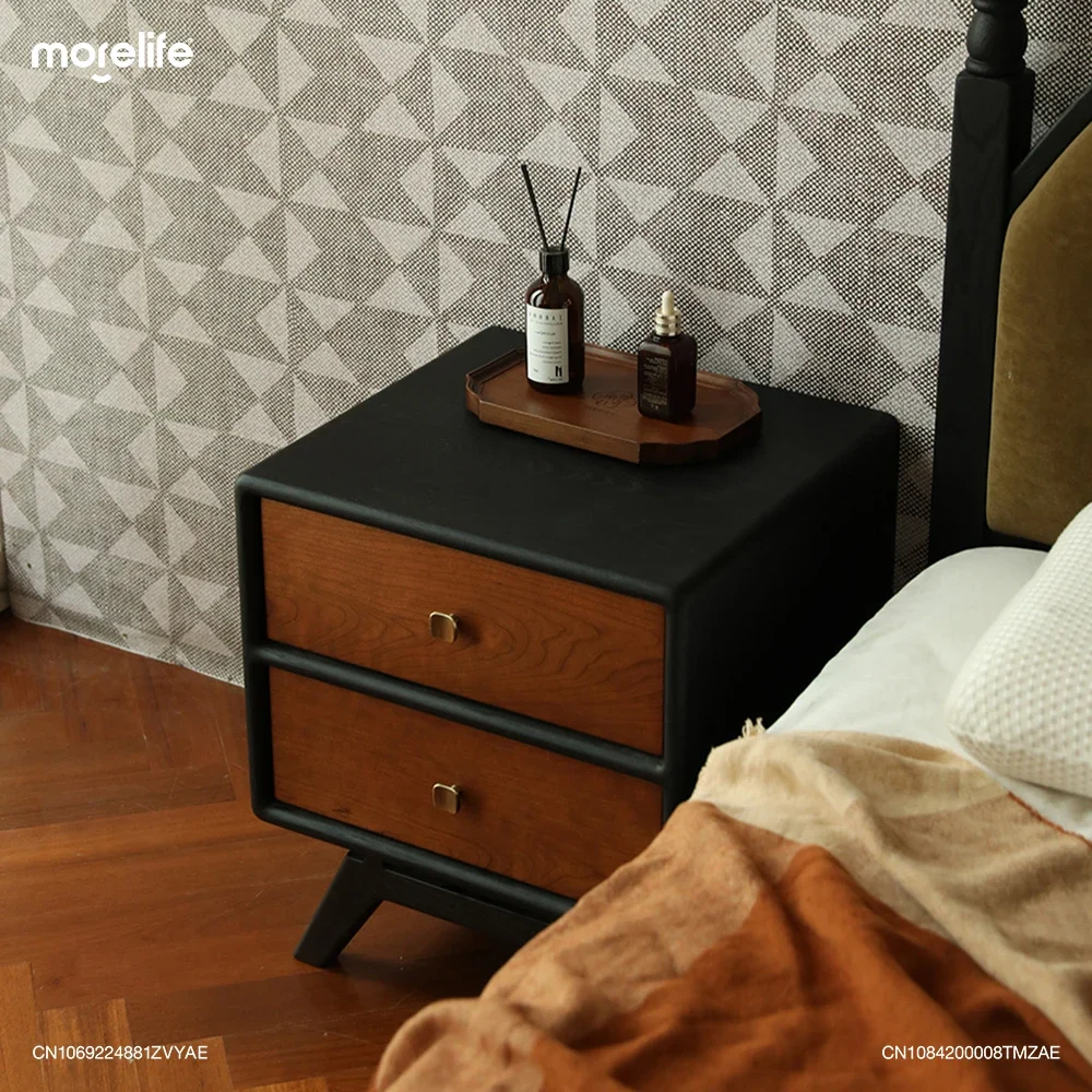 

Minimalist Nightstand Contrasting Color Design Storage Cabinet Nordic Retro Matte Black Solid Wood Bedside Table Furniture F01+