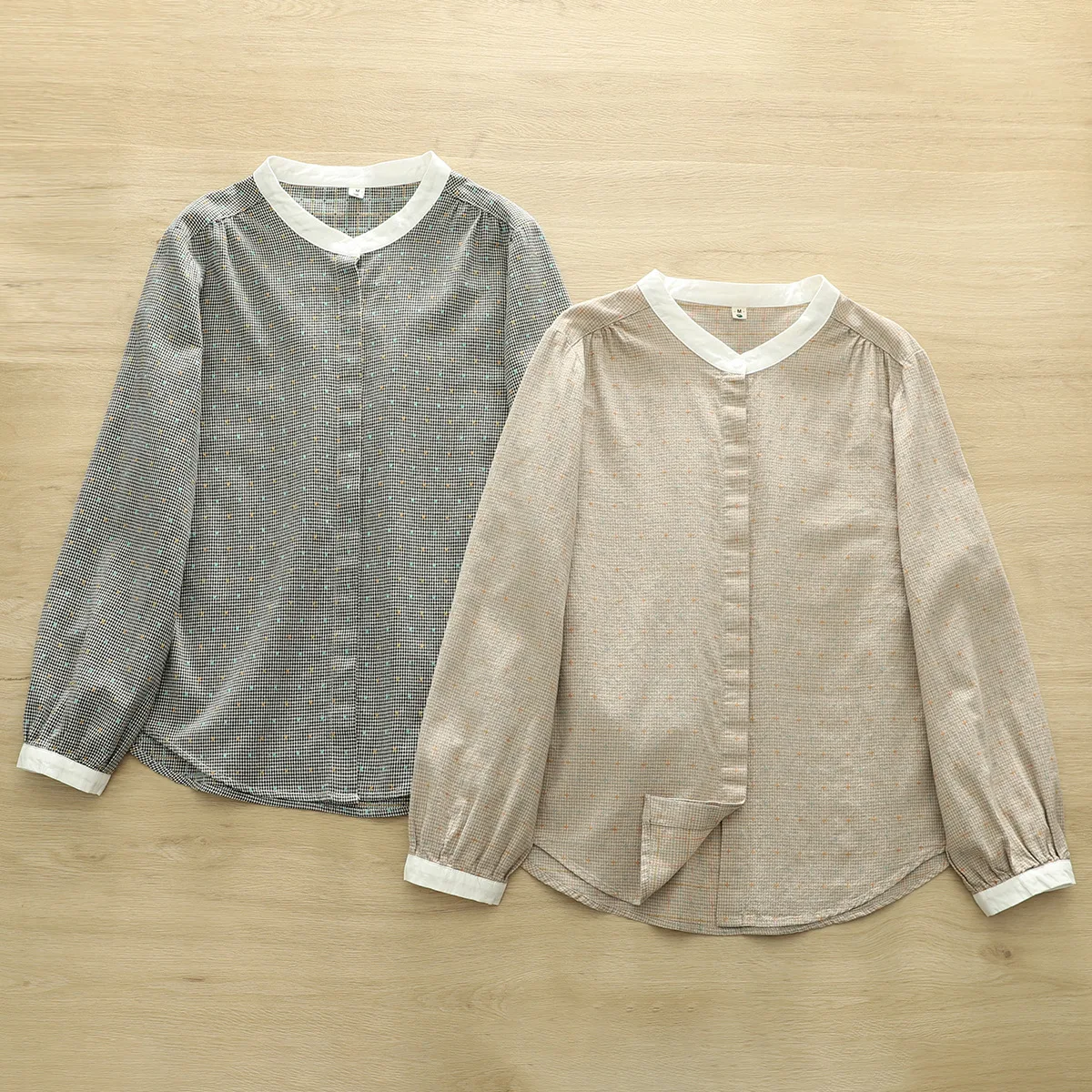 2025 Eleganckie koszule damskie Japońska moda stójka koszule w kratę bluzki z długim rękawem 100% przędza bawełniana koszule damskie w kratę