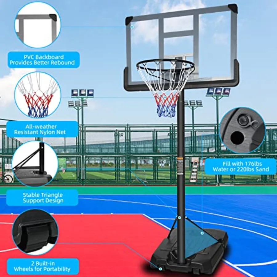 Prime Portable Basketball Hoop Backboard System Stand with Height Adjustable from 6.6ft to 10ft Featuring a 44 Inch Backboard a