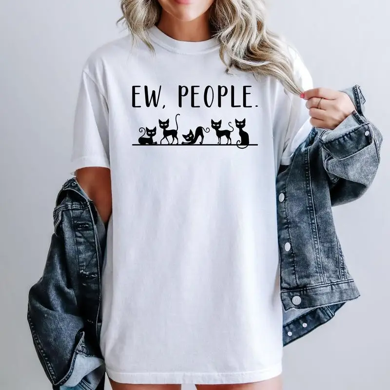 

Women's "Ew People" Cat T-Shirt | Funny Introvert Kitty Squad Graphic Tee | Anti-Social Pet Lover Gift Homebody Top