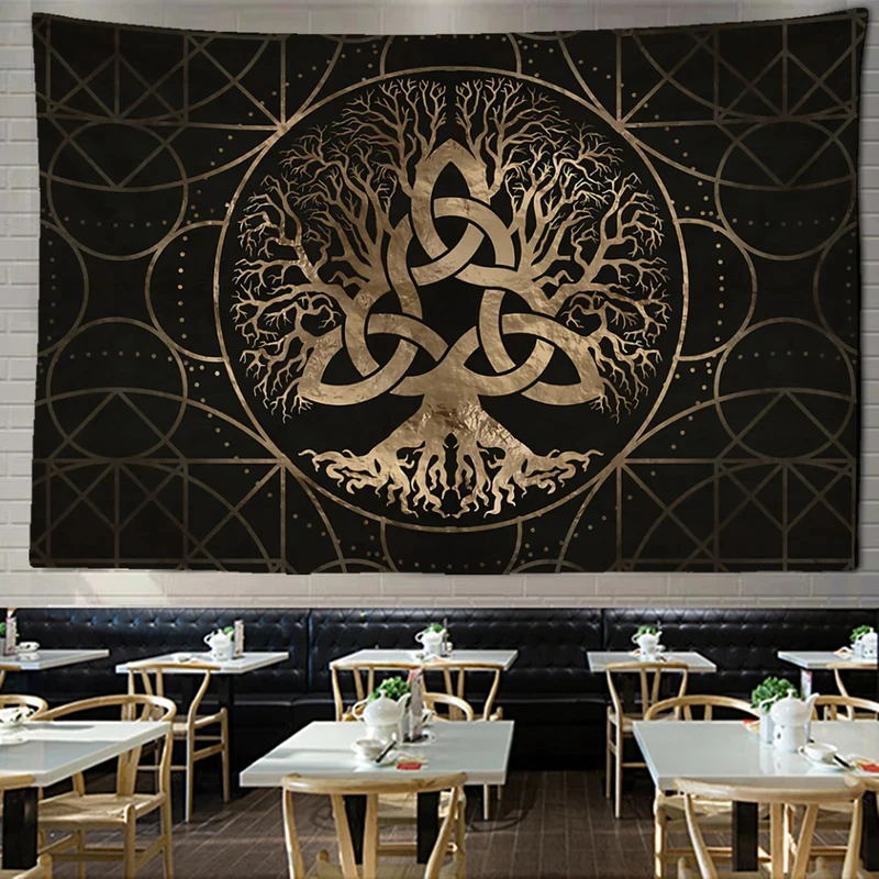 

VIKAMA Celtic Tree of Life Tapestry Yggdrasil with Triquetra Black and Gold Wall Hanging Decor for Bedroom Living Room