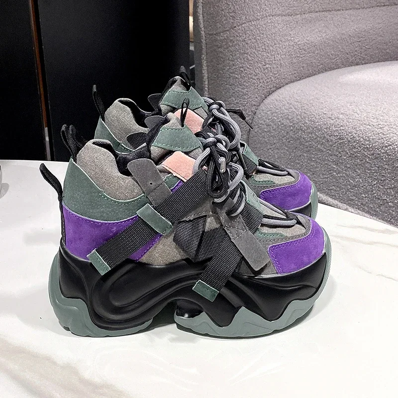 Sepatu kets Chunky untuk wanita, sepatu ayah Platform tinggi musim gugur 2024, sepatu Sneakers kasual Trainer sol tebal, sepatu vulkanisir 9.5CM