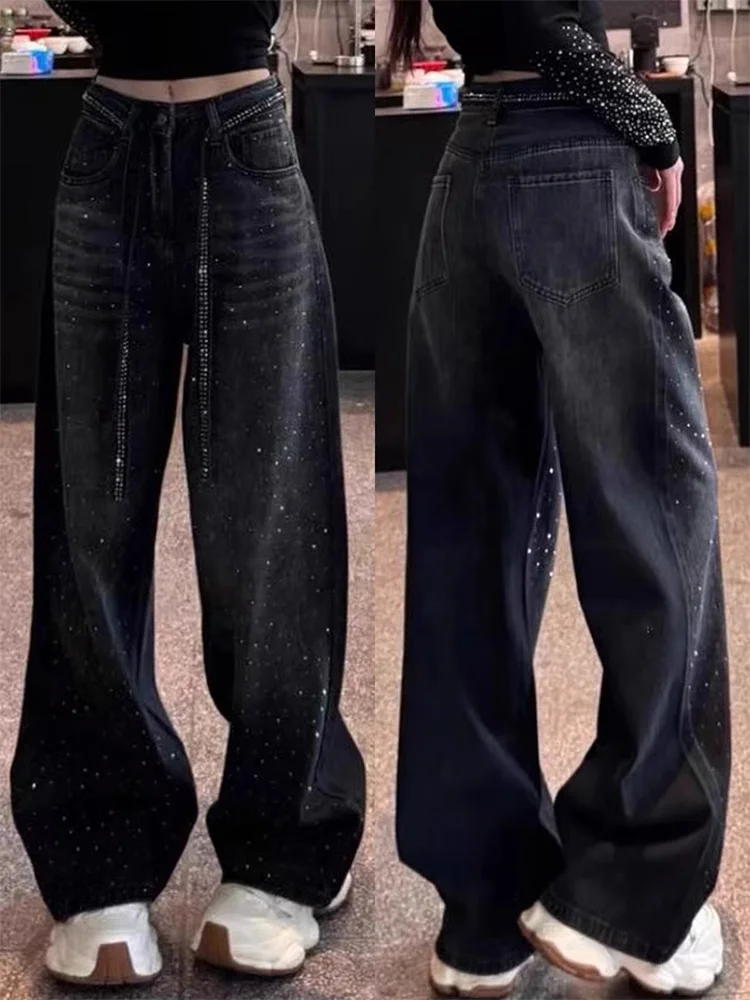 

plus Size American Sle Glitter Denim High Waist Straight Leg Wide Leg Pants Women's Autumn Loose Fit Slimming Jeans
