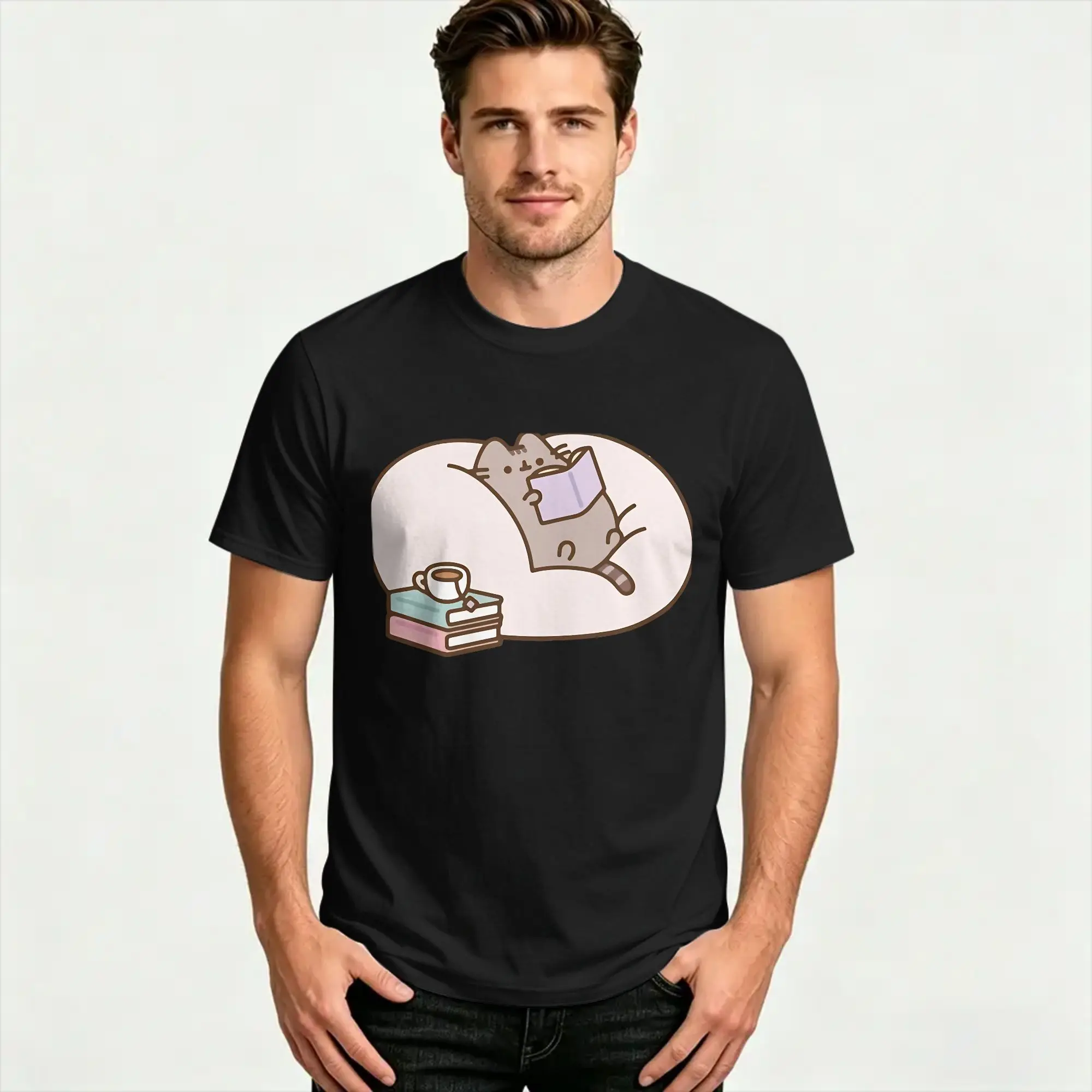P-pusheen study T-Shirt  Harajuku T Shirts Short-Sleeve Street Style Tshirt Summer Pure Cotton Oversize Clothes