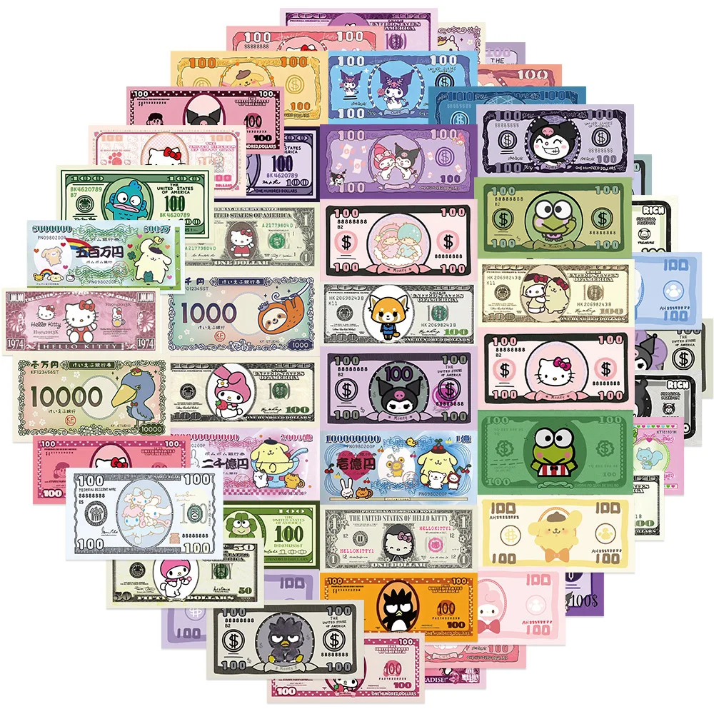 10/30/50pcs Cute Sanrio Cartoon Decoration Stickers Kawaii Money Style Kuromi Hello Kitty Cinnamoroll Anime Sticker for Kids Toy