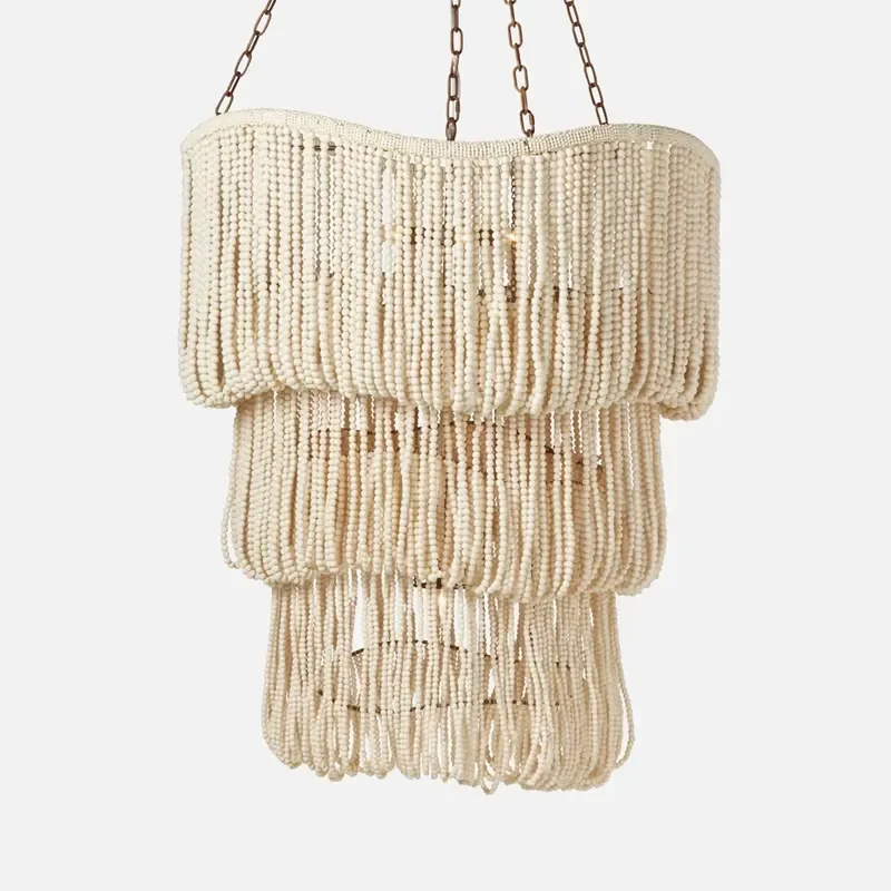 Rose Draped White Wood Beads Chandelier Light with Wireless Control Adjustable Height Bedroom Use 3-Year Warranty