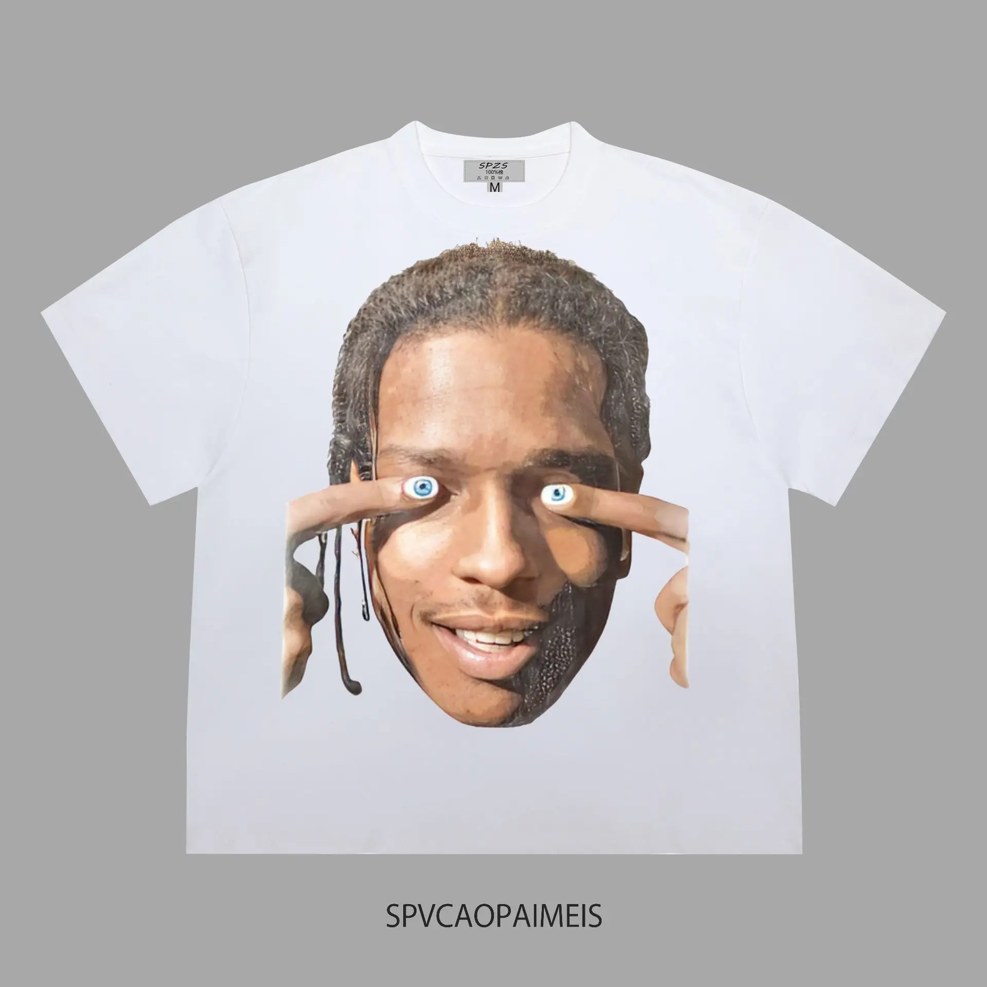 

Retro Rap Portrait Summer Short-sleeved T-shirt Men's and Women's Crew Neck Pure Cotton Heavy Loose and Versatile