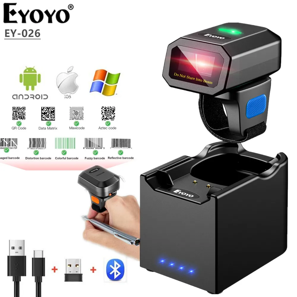 Eyoyo EY-026 2D Wireless Ring Barcode Scanner 1D 2D QR Bluetooth Barcode Reader Portable Wearable Mini Fingers Scanners