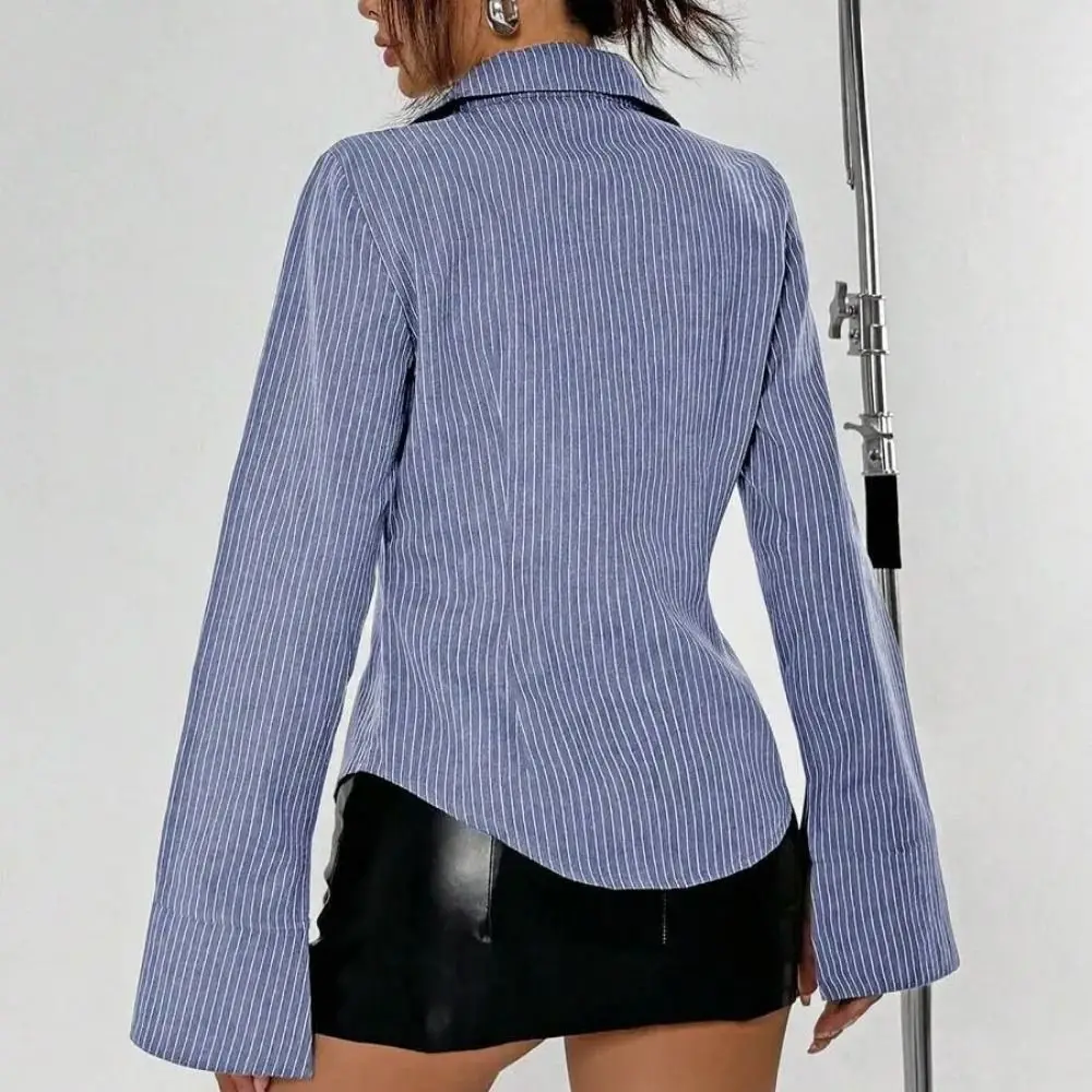 Klassieke gestreepte blouse met lange mouwen Single-breasted patchwork streep shirts voor dames Dunne Koreaanse stijl retro chic tops dames