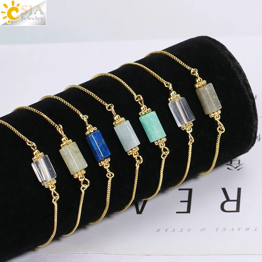 CSJA Natural Stone Crystals Bracelet Stainless Steel Bracelets for Women Nugget Gemstone Bead Gold Color Adjustable Jewelry H128