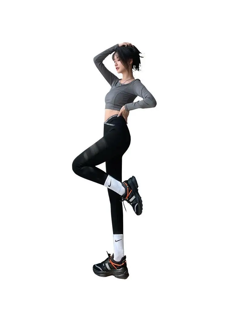 하이웨이스트 슬리밍 요가 팬츠 여성용 크로스 아크 스킨 타이트 핏 레깅스 아우터웨어 9부 팬츠 폴리에스터 섬유